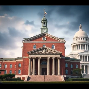 Depiction of Harvard University and legal scales representing academic freedom