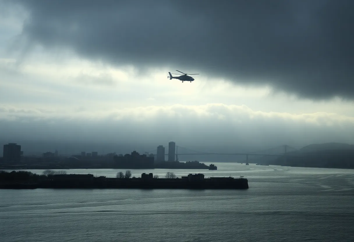 A helicopter silhouette over the Hudson River representing a tragic accident.