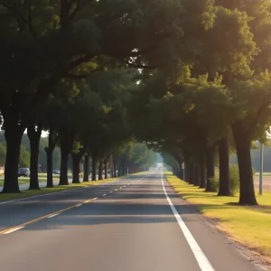 A quiet stretch of Highway 334 in Oxford, Mississippi, surrounded by trees.