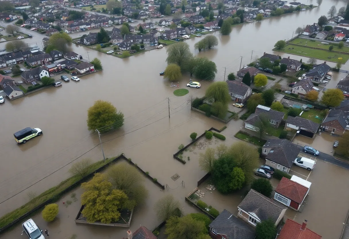 Aerial view of flooded areas with emergency services responding