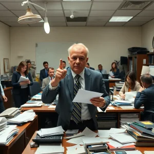 An office scene depicting turmoil and unrest in a government agency.