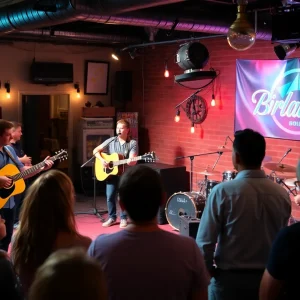 Live performance of a local musician on stage with an audience in a cozy venue.