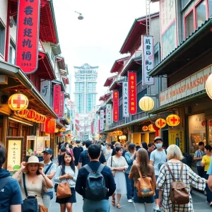 Crowd of tourists enjoying a street in Japan