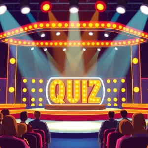 An exciting quiz show set with an audience watching.