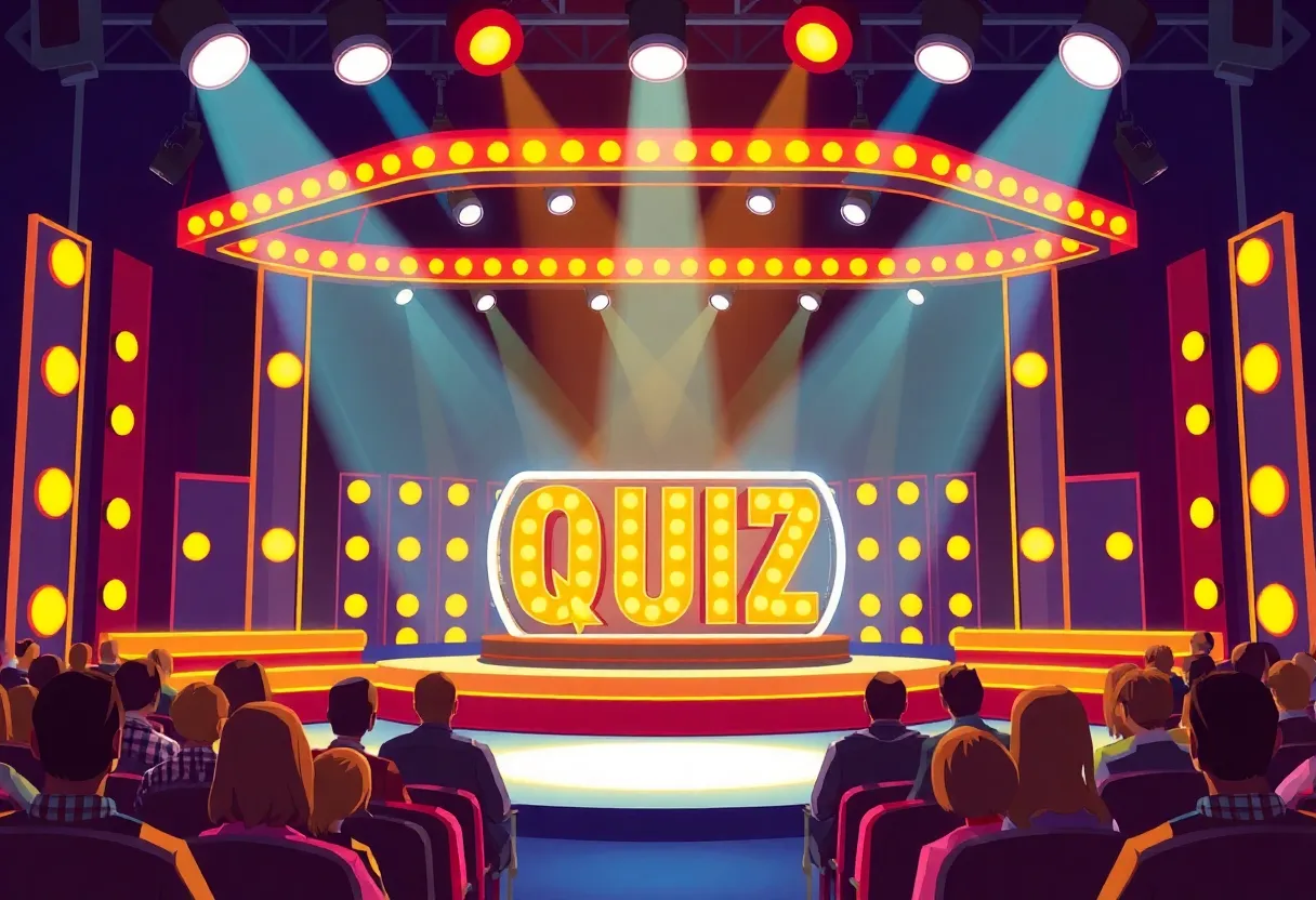 An exciting quiz show set with an audience watching.