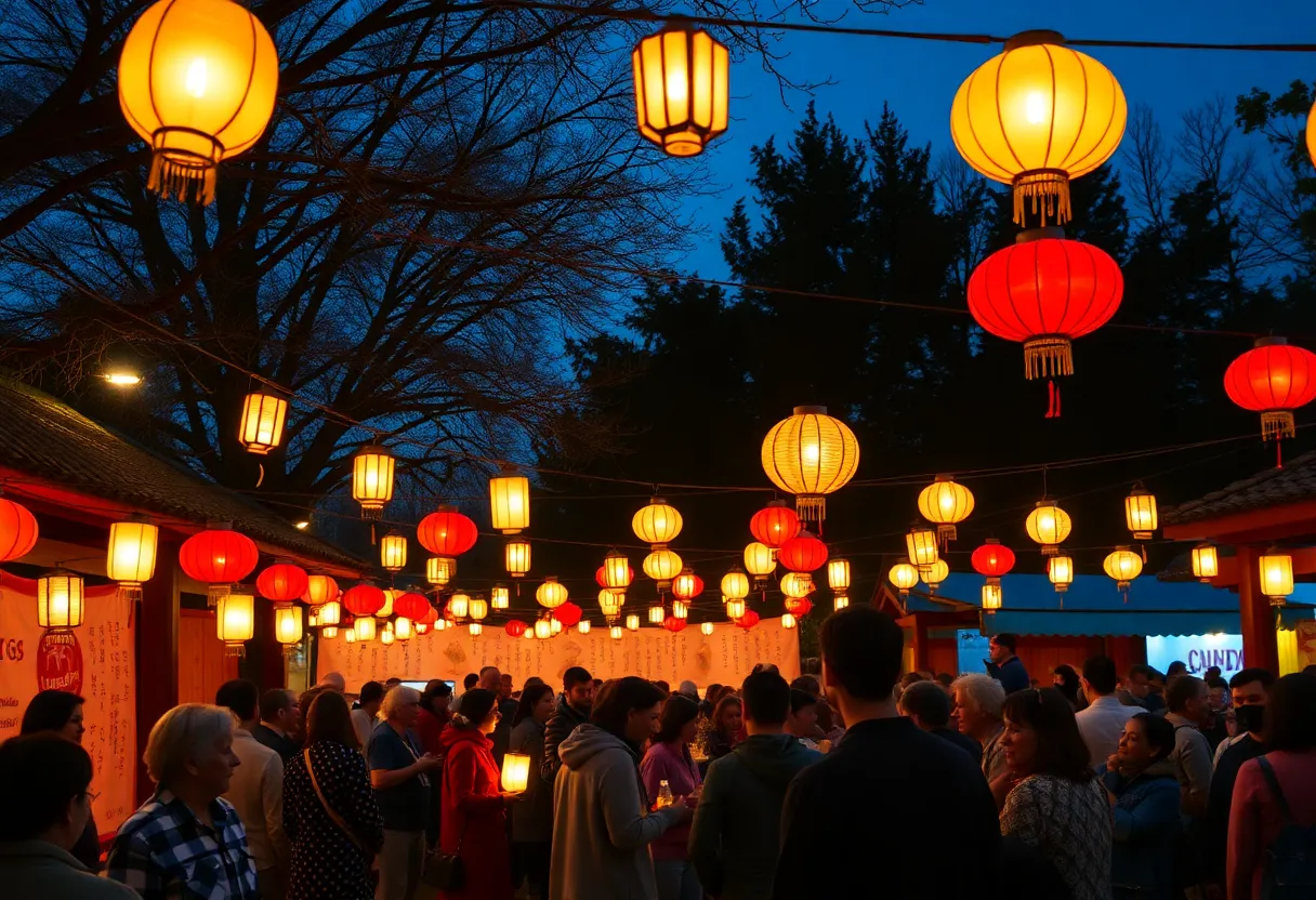 Community gathering under lanterns celebrating history and art