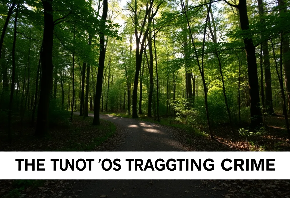 A serene view of a trail surrounded by trees