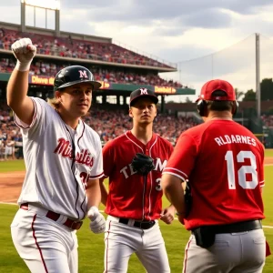 Mississippi State Bulldogs playing against Ole Miss Rebels during an extra innings baseball game.