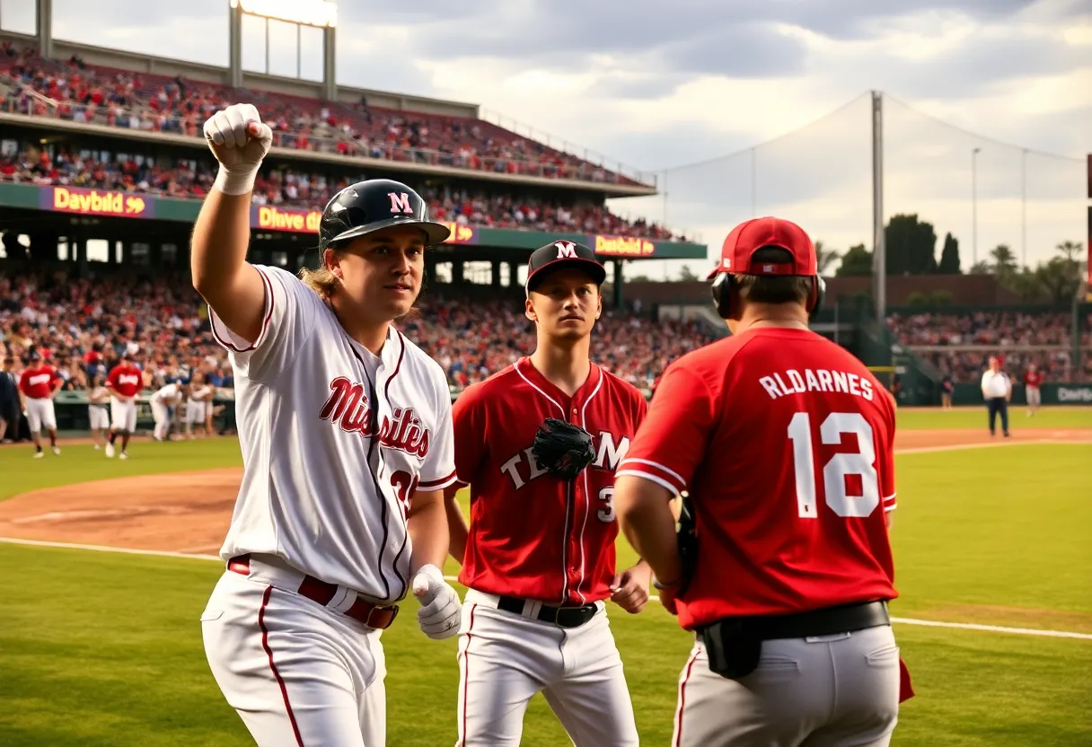 Mississippi State Bulldogs playing against Ole Miss Rebels during an extra innings baseball game.