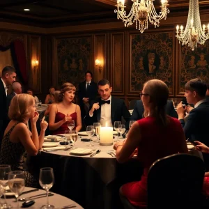 Students at a murder mystery dinner in 1920s attire at the University of Mississippi.
