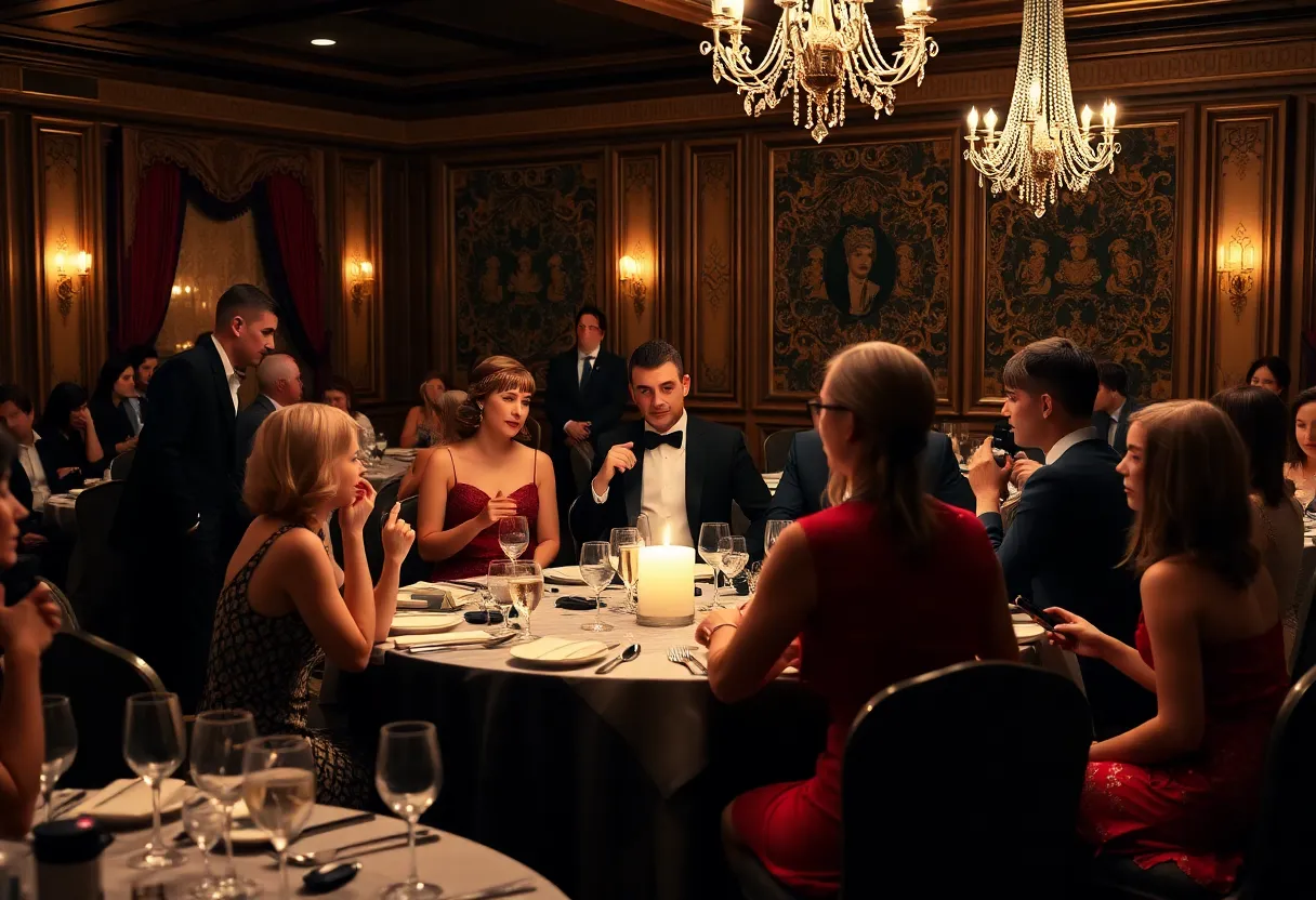Students at a murder mystery dinner in 1920s attire at the University of Mississippi.