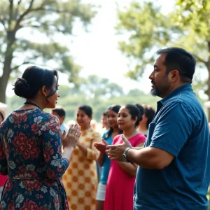 Participants engaging in prayer at an outdoor service for the National Day of Prayer