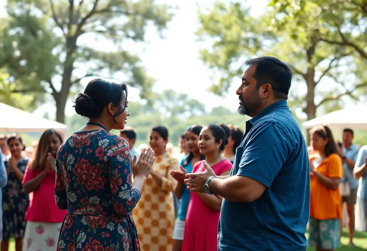 Participants engaging in prayer at an outdoor service for the National Day of Prayer