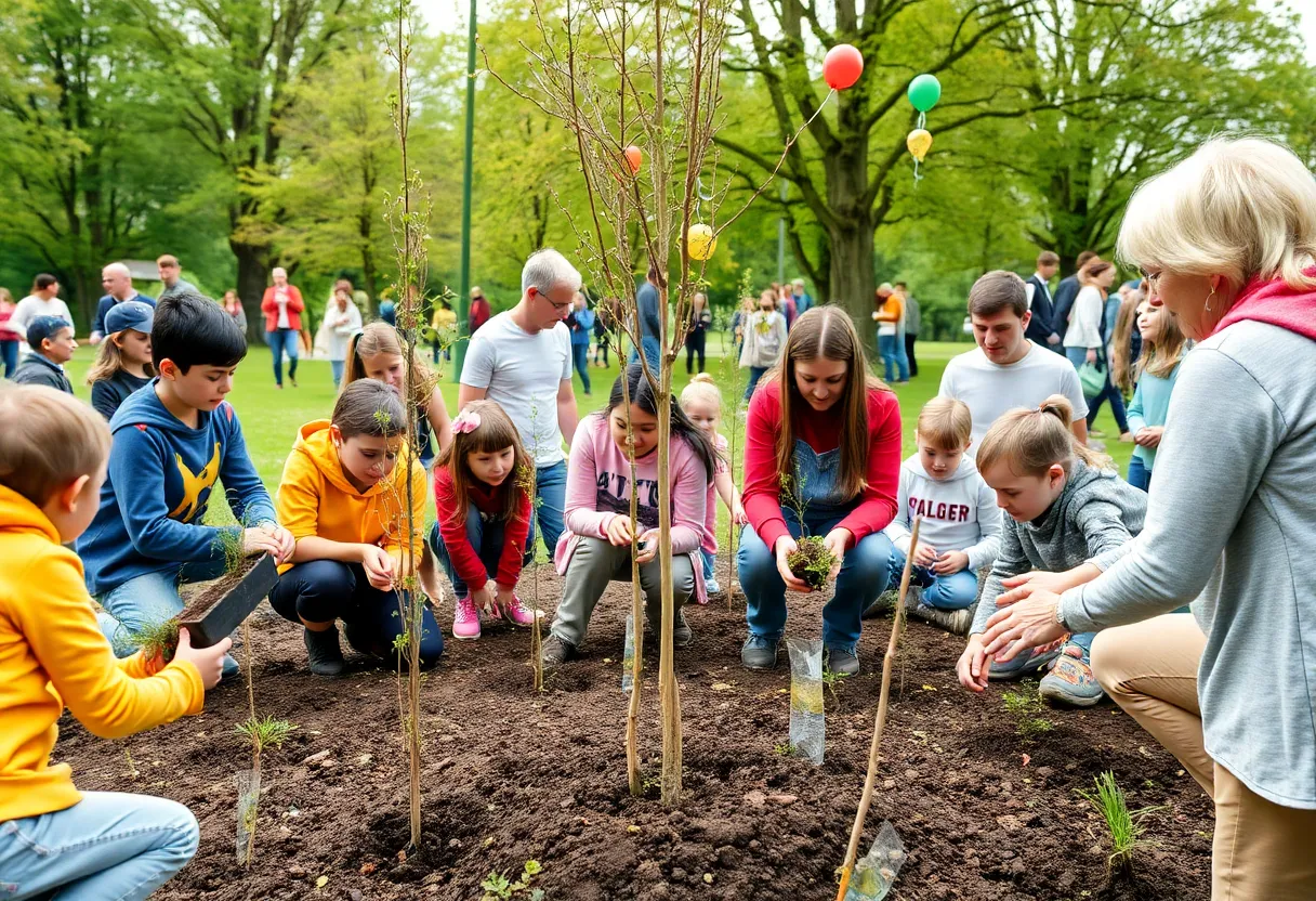 Community members enjoying Arbor Day activities in Oxford Village Park