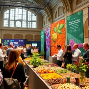 Scientists and attendees at the Oxford Botanical Conference discussing herbal supplements.