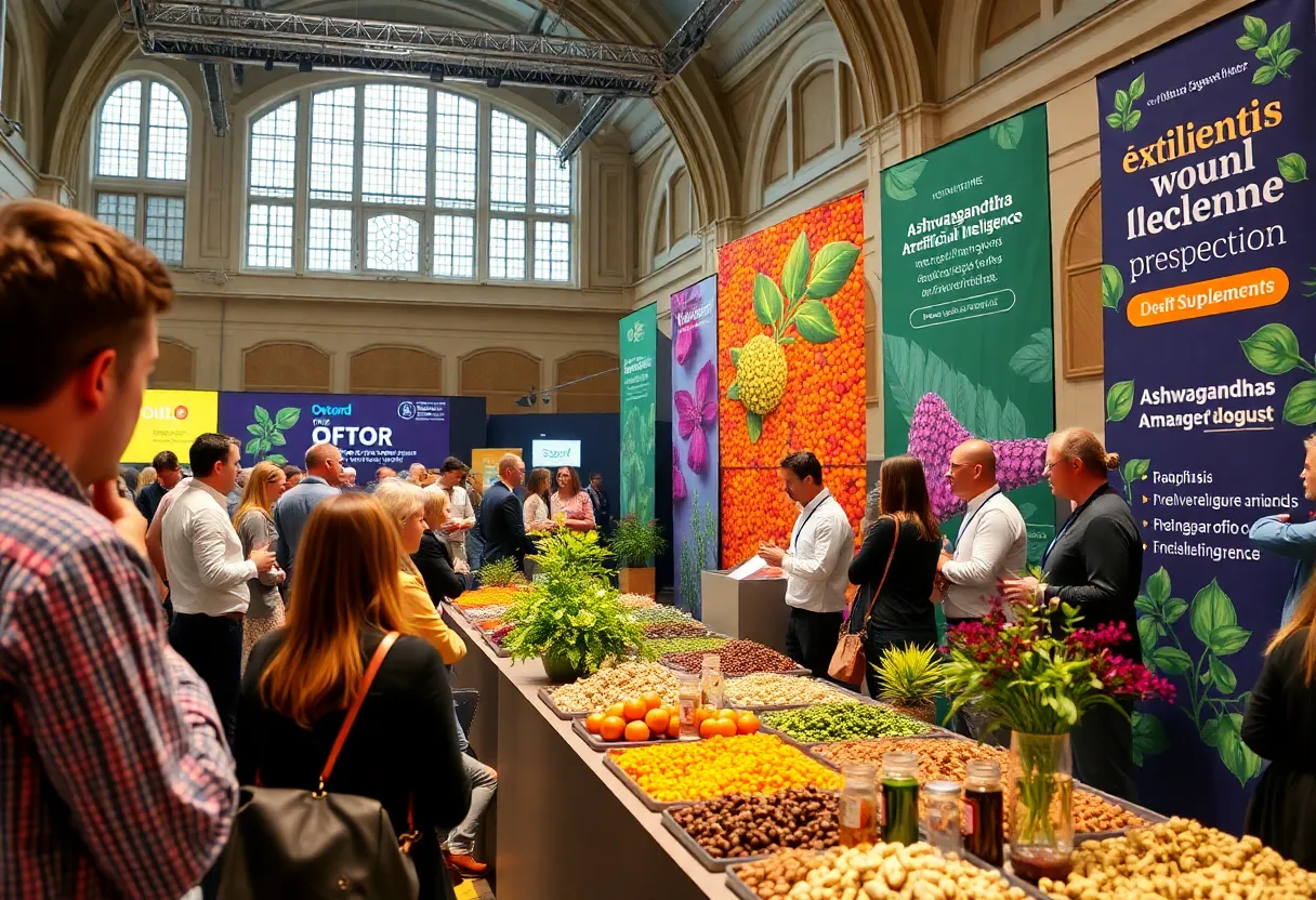 Scientists and attendees at the Oxford Botanical Conference discussing herbal supplements.