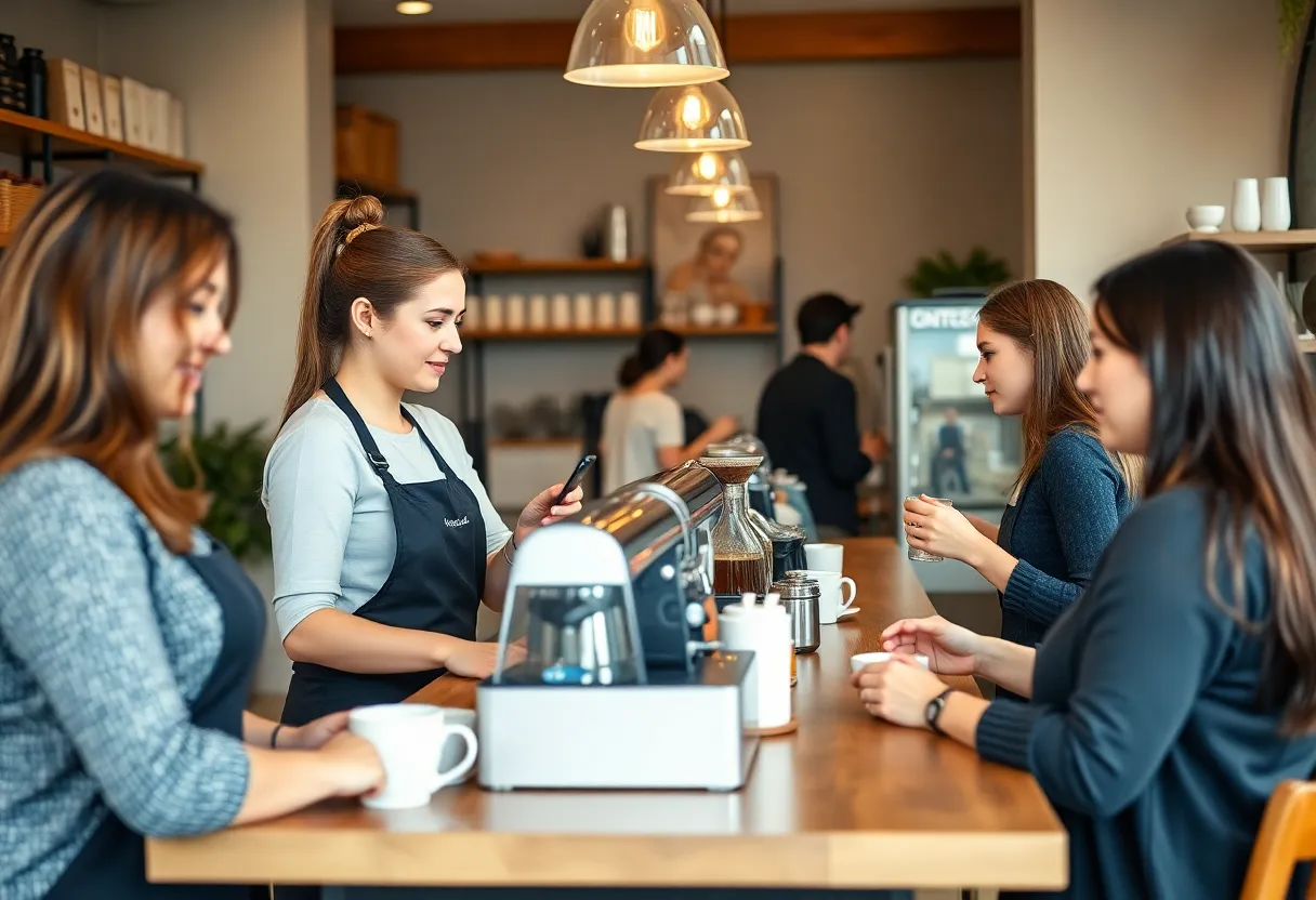Women baristas serving coffee in a lively Oxford coffee shop