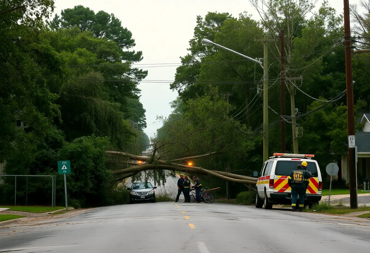 Street in Oxford, Mississippi, showing damage from high winds with downed trees and electrical poles.
