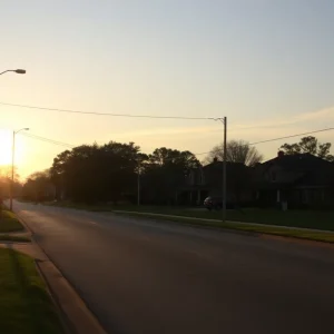 Quiet neighborhood in Oxford with setting sun.