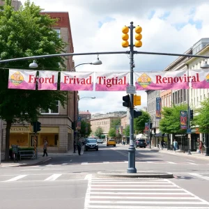 Reopened ramps at the interchange in Oxford with festival decorations.