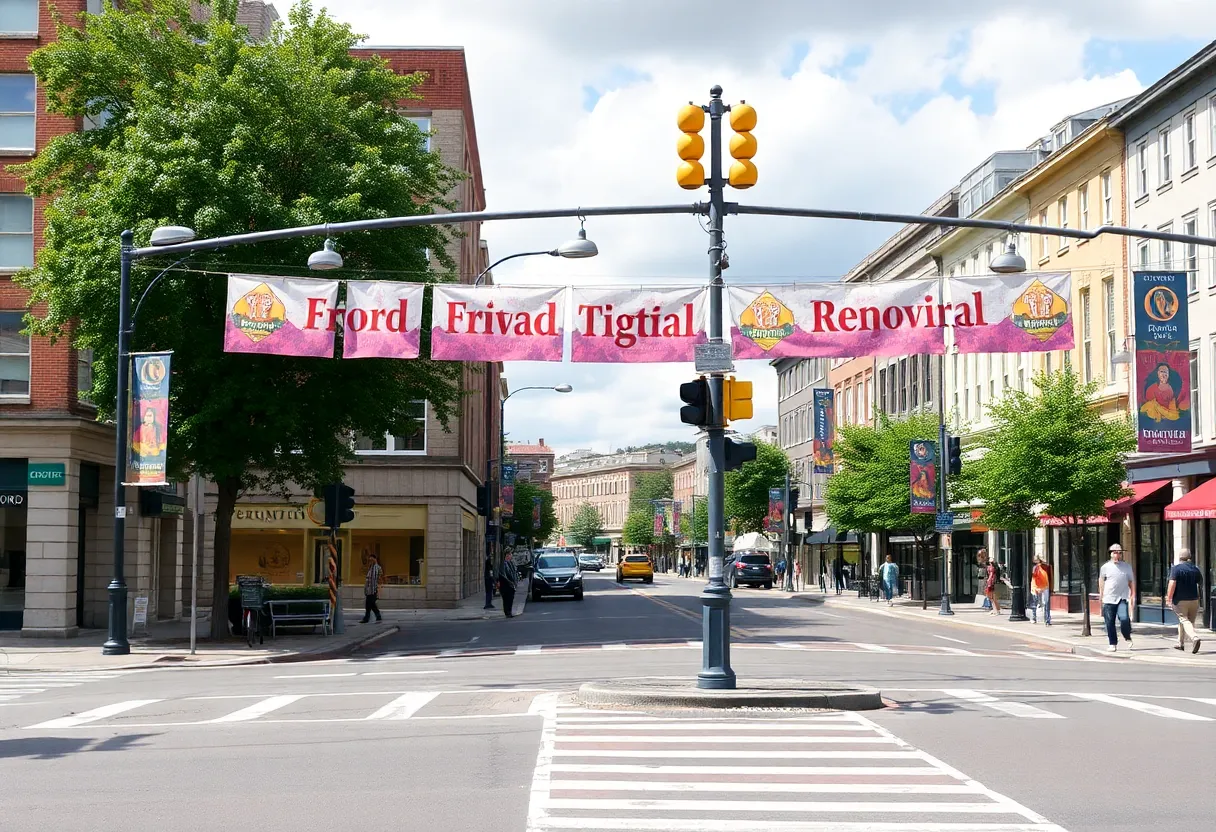 Reopened ramps at the interchange in Oxford with festival decorations.