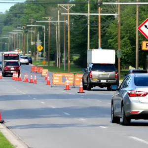 Construction area in Oxford MS with traffic control signs
