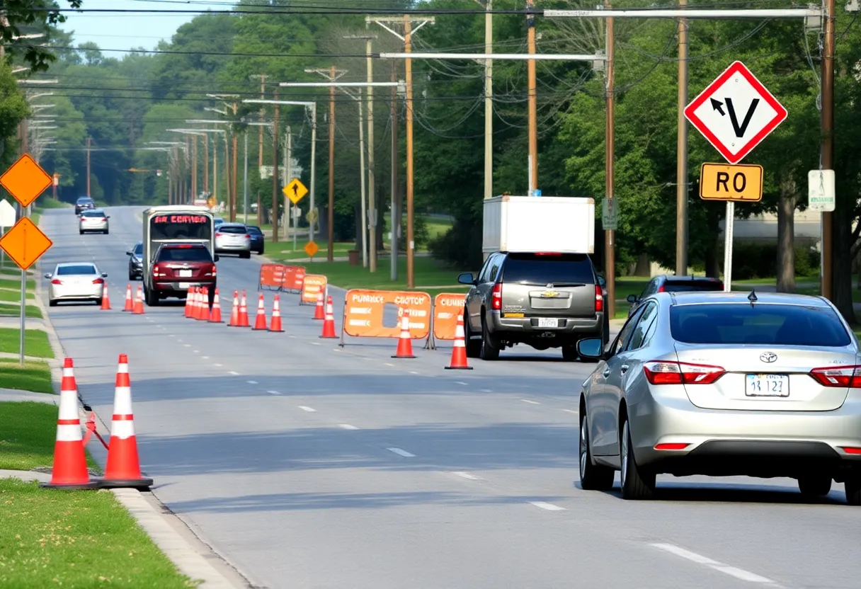 Construction area in Oxford MS with traffic control signs