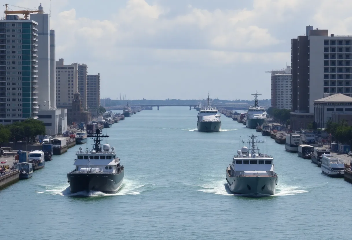 Illustration of the Panama Canal with military and trade elements
