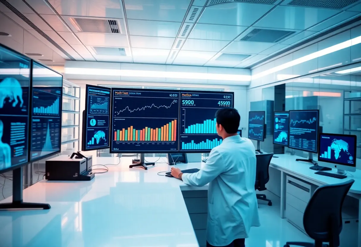 Researchers in a lab analyzing autism data on screens