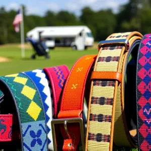 A variety of colorful Roostas golf belts on display in a golf environment.