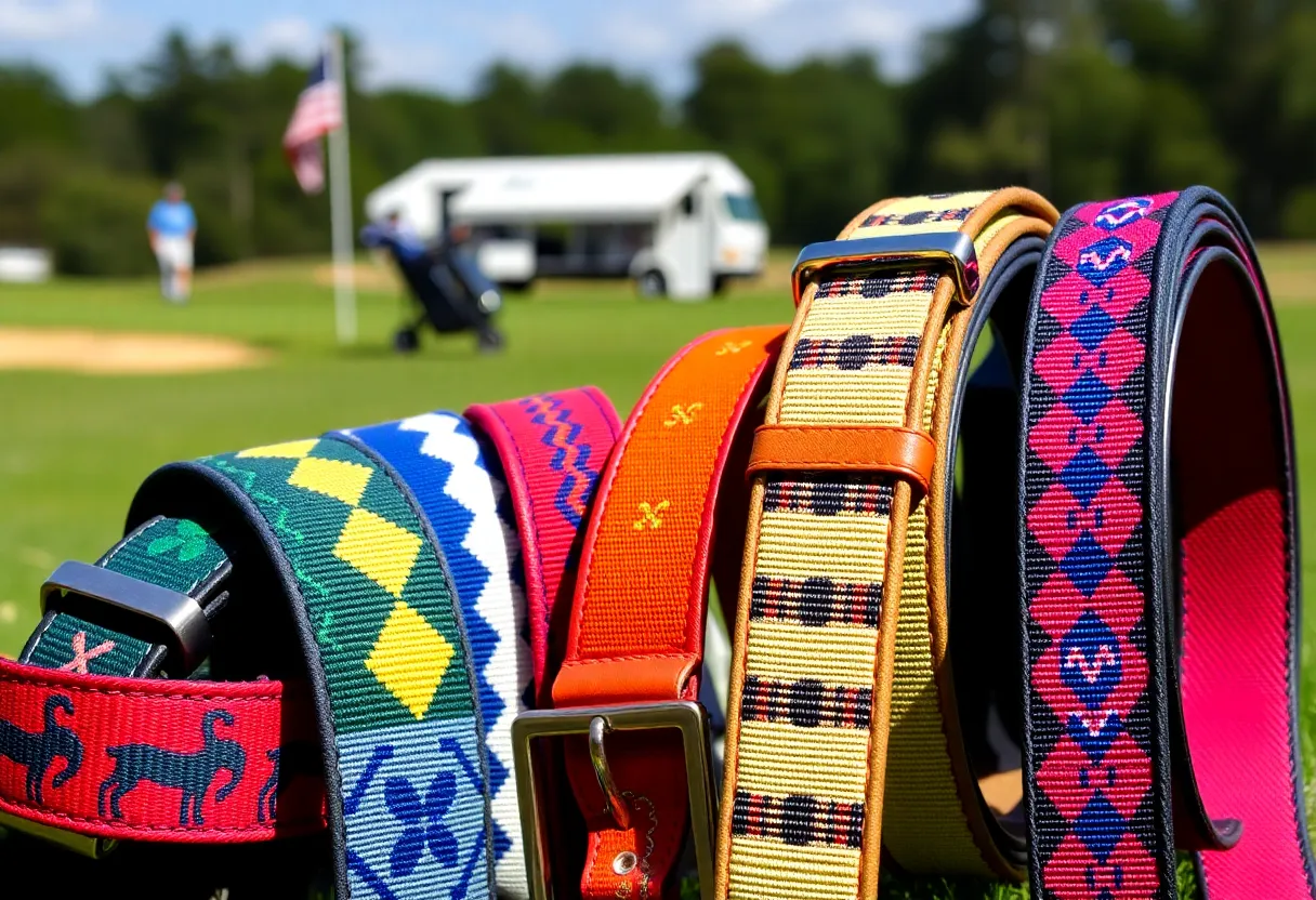 A variety of colorful Roostas golf belts on display in a golf environment.