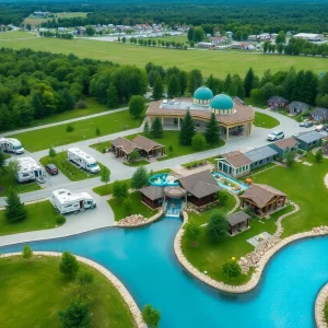 View of Roundabout Oxford Luxury RV Park and Water Resort showing RV sites and water amenities.