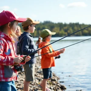 Children fishing at Sardis Lake during the Youth Fishing Rodeo
