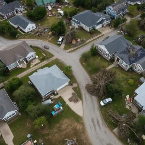 Neighborhood in Lafayette County showing damage from severe storms and uprooted trees.