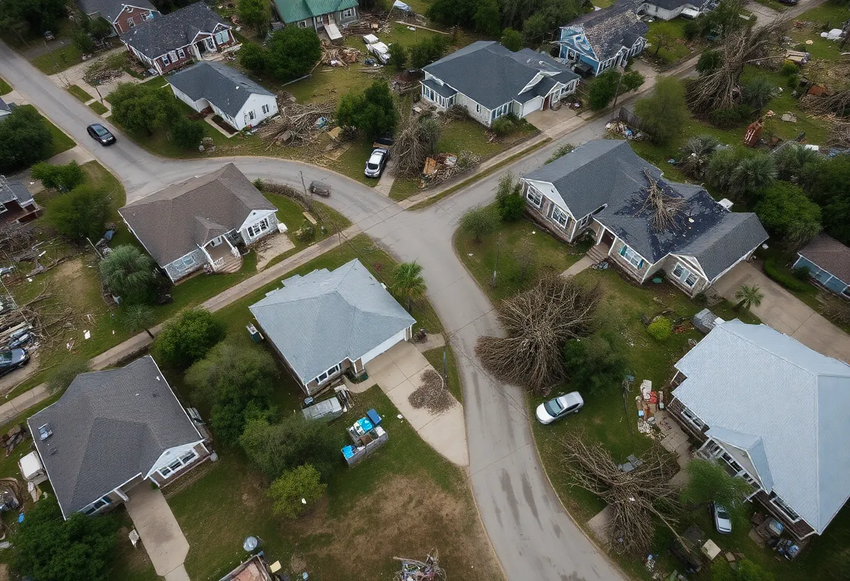 Neighborhood in Lafayette County showing damage from severe storms and uprooted trees.