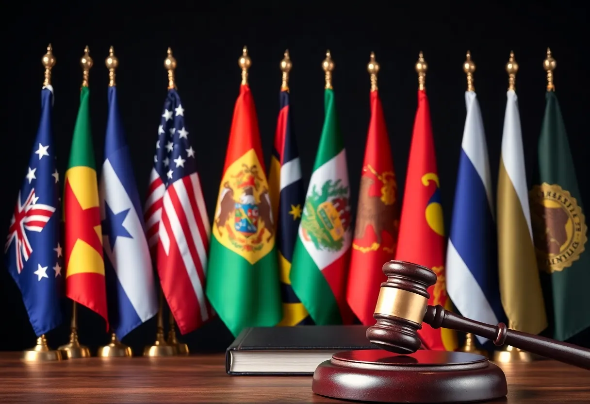 Diverse state flags and legal books representing a coalition against tariffs.