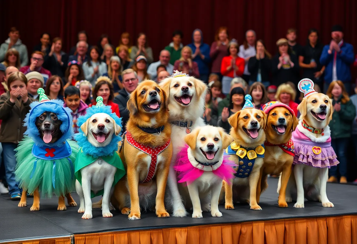 Dogs in costumes participating in a dog pageant on stage.