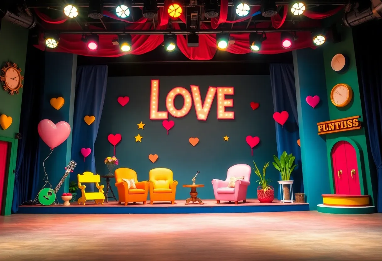 Whimsical stage for a musical about the ups and downs of love.
