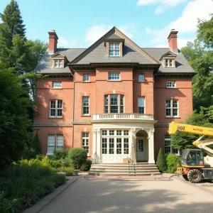 Workers renovating Theora Hamblett House in Oxford, Mississippi