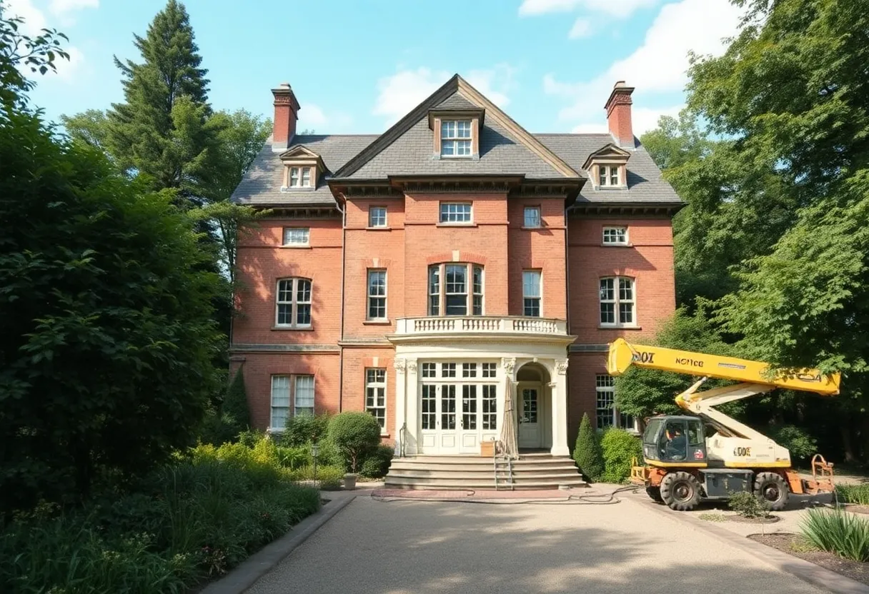 Workers renovating Theora Hamblett House in Oxford, Mississippi