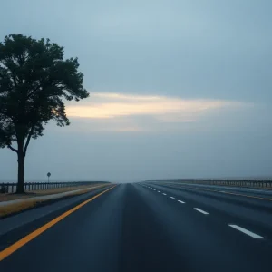 Deserted highway with a tree, symbolizing road safety and remembrance.