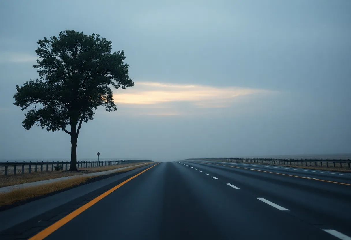 Deserted highway with a tree, symbolizing road safety and remembrance.