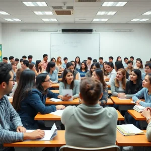 Diverse university students engaged in a classroom discussion with their teacher.