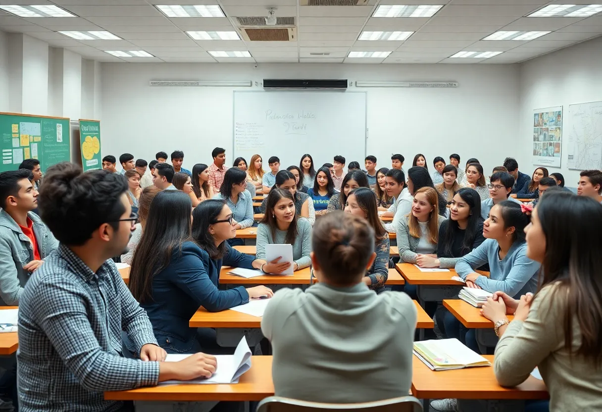 Diverse university students engaged in a classroom discussion with their teacher.