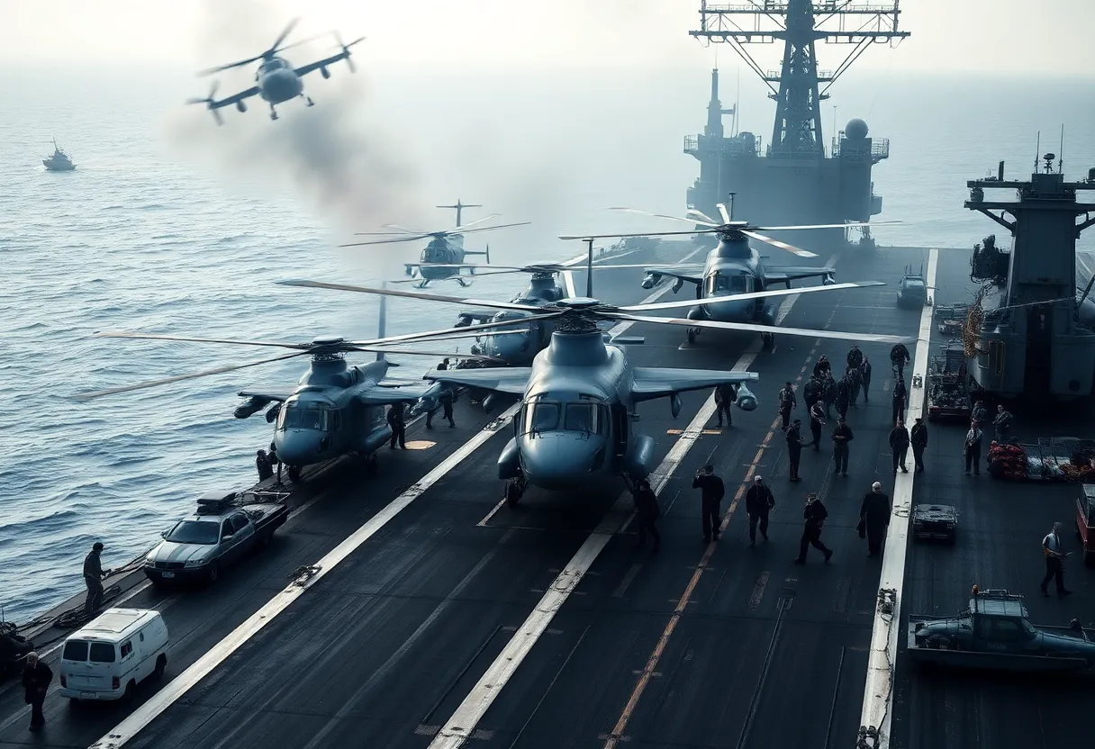 US Navy aircraft carrier clearing deck during evacuation