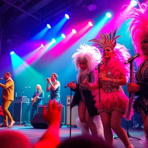 A dynamic performance scene at the Vision Video concert and drag show.