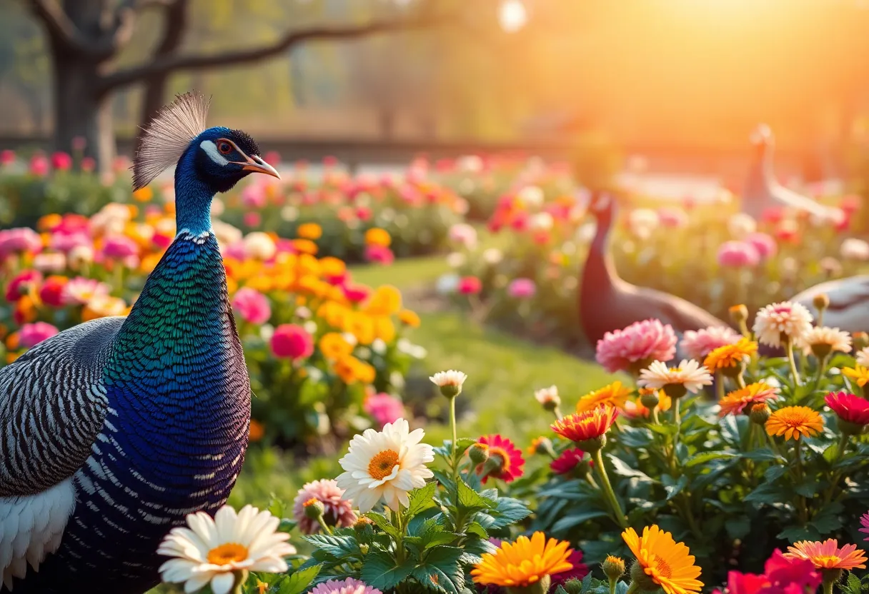 A tranquil garden scene with peafowl and blooming flowers.