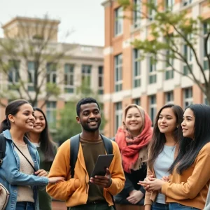 Diverse college students on campus engaging in discussion