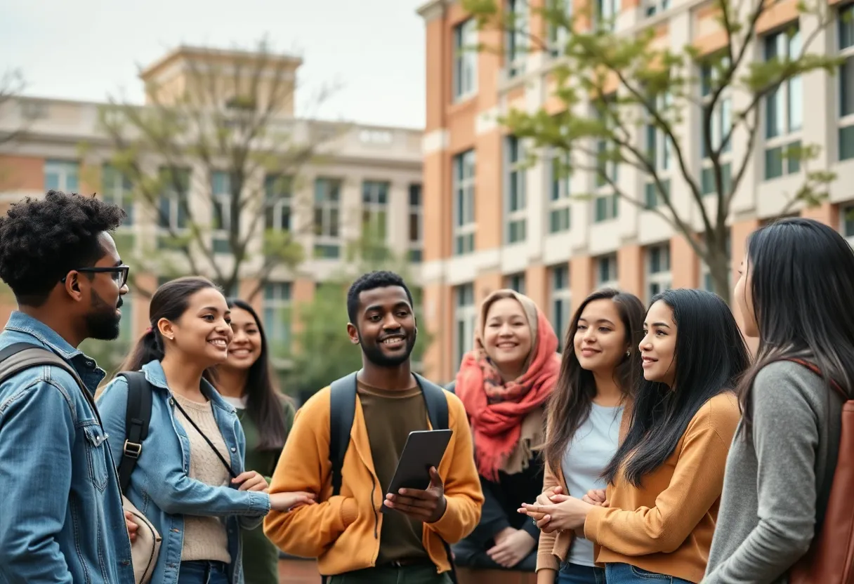 Diverse college students on campus engaging in discussion