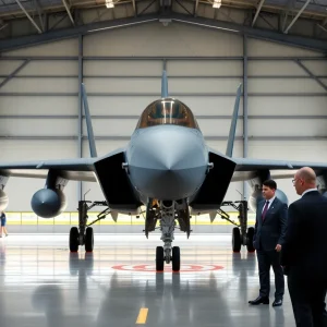 Boeing 747 in a military hangar with officials discussing acquisition details.